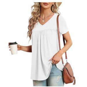 NEW LAOLASI White V Neck Short Sleeve Top Flowy Tunic Blouse Women's XL
